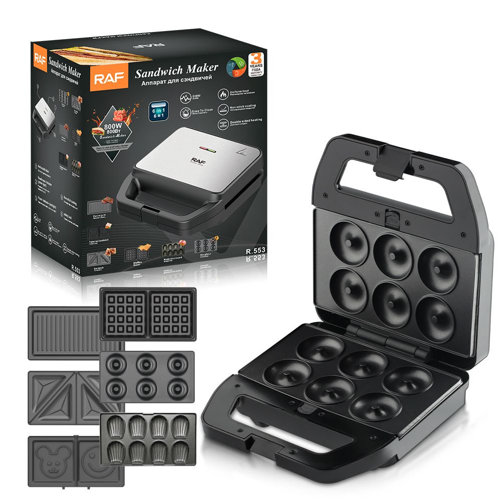 6-in-1 Multifunctional Sandwich Maker with Interchangeable Non-Stick Plates for Waffles, Paninis, Donuts, Madeleines and Cartoon Snacks, Compact Countertop Appliance for Quick Family Meals (Silver)