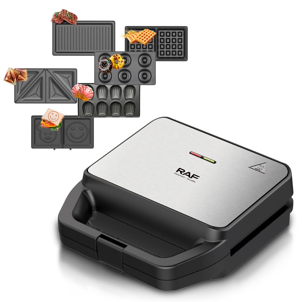 6-in-1 Multifunctional Sandwich Maker with Interchangeable Non-Stick Plates for Waffles, Paninis, Donuts, Madeleines and Cartoon Snacks, Compact Countertop Appliance for Quick Family Meals (Silver)