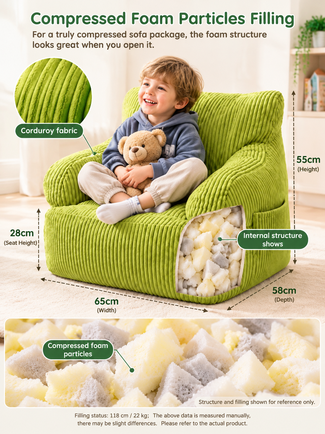 Kids Single Sofa Chair with Corduroy Fabric and Storage Pocket, Cozy Bean Bag Lounger for Children Bedroom and Home Reading Nook (DarkGrey)