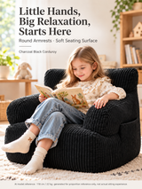 Kids Single Sofa Chair with Corduroy Fabric and Storage Pocket, Cozy Bean Bag Lounger for Children Bedroom and Home Reading Nook (DarkGrey)