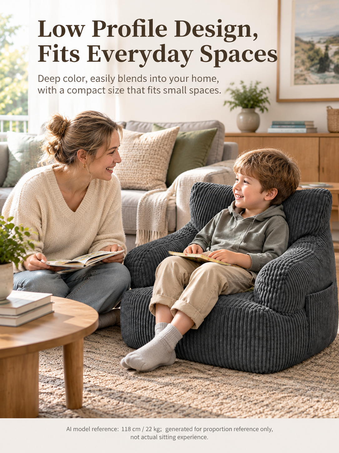 Kids Single Sofa Chair with Corduroy Fabric and Storage Pocket, Cozy Bean Bag Lounger for Children Bedroom and Home Reading Nook (DarkGrey)