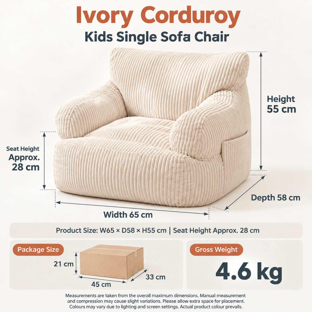 Kids Single Sofa Chair with Corduroy Fabric and Storage Pocket, Cozy Bean Bag Lounger for Children Bedroom and Home Reading Nook (Ivory)