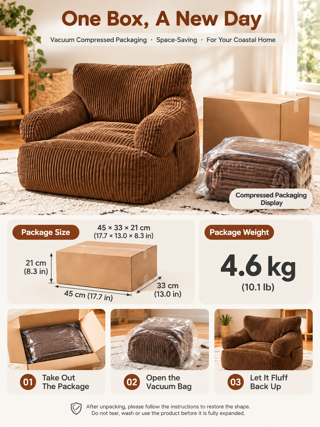 Kids Single Sofa Chair with Corduroy Fabric and Storage Pocket, Cozy Bean Bag Lounger for Children Bedroom and Home Reading Nook (Orange)