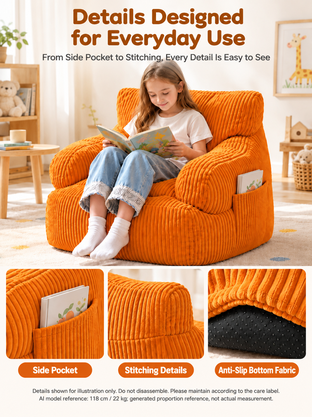 Kids Single Sofa Chair with Corduroy Fabric and Storage Pocket, Cozy Bean Bag Lounger for Children Bedroom and Home Reading Nook (Orange)