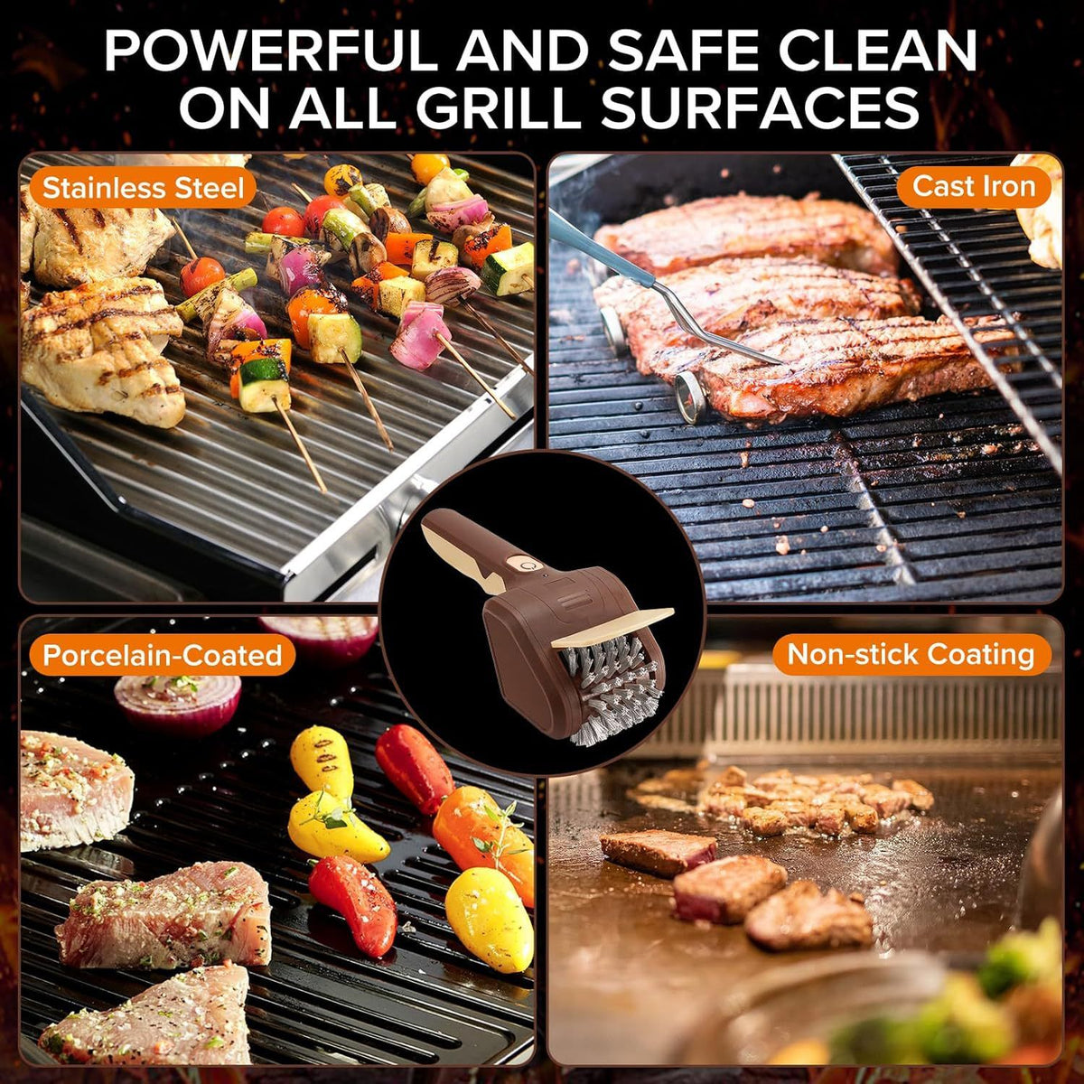 Handheld Electric Grill Cleaning Brush with Rotating Stainless Steel Head for Outdoor BBQ and Home Grill Maintenance (Brown)