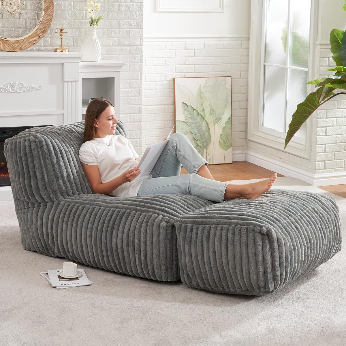 Ergonomic Bean Bag Chaise Lounger with Vertical Plush Fabric and High-Density Foam for Living Room Reading, Napping, and TV Watching (Blush)