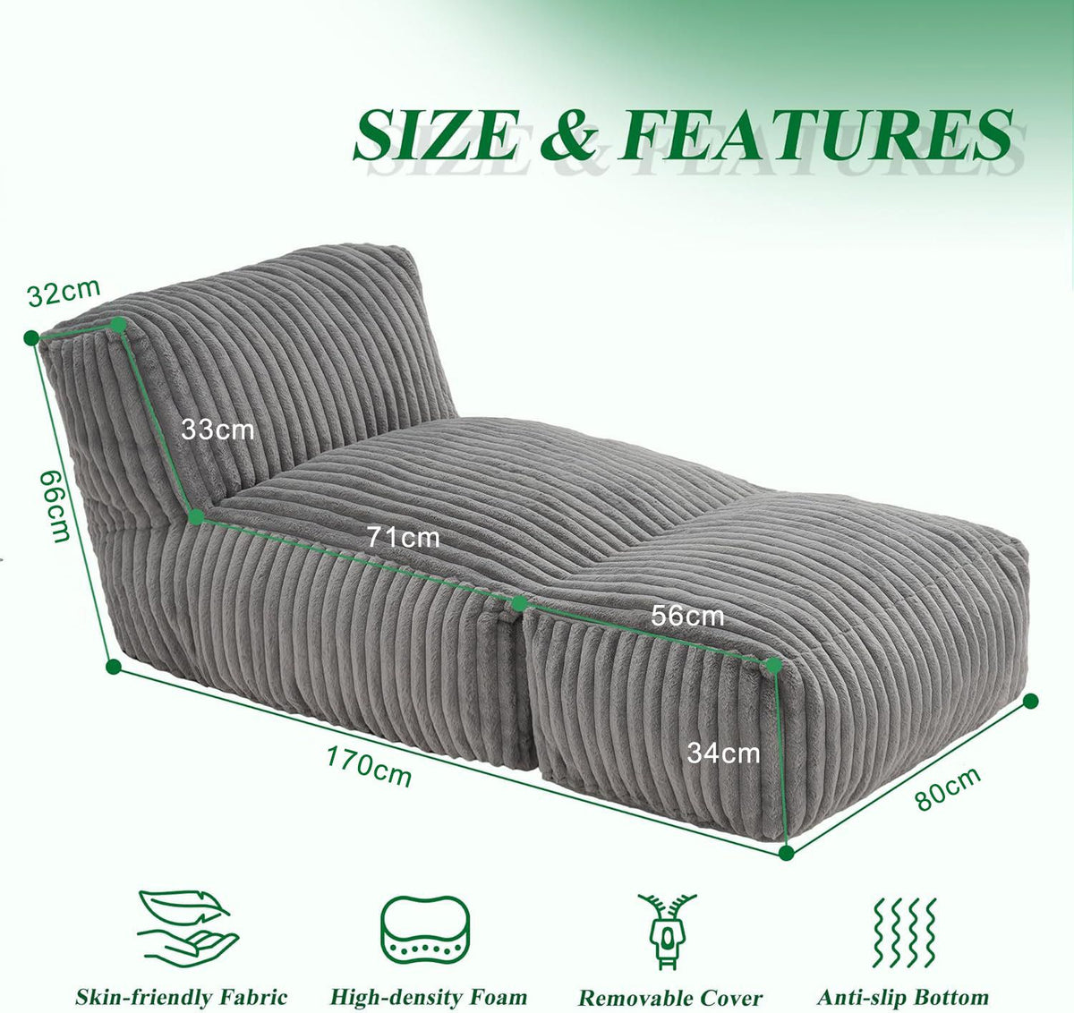 Ergonomic Bean Bag Chaise Lounger with Vertical Plush Fabric and High-Density Foam for Living Room Reading, Napping, and TV Watching (Khaki)