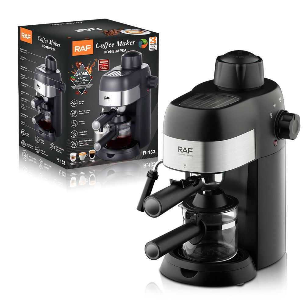 Compact 800W Espresso Coffee Maker with Steam Milk Frother, 240ml Glass Carafe, 4-Cup Capacity, Perfect for Home Kitchen and Small Office Use (Black)
