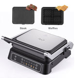Two-in-One Electric Grill and Sandwich Maker with Interchangeable Non-Stick Plates, 180-Degree Flip-Open Design for Steaks, Paninis, Waffles, and Breakfast Favorites in Home Kitchens (Black)