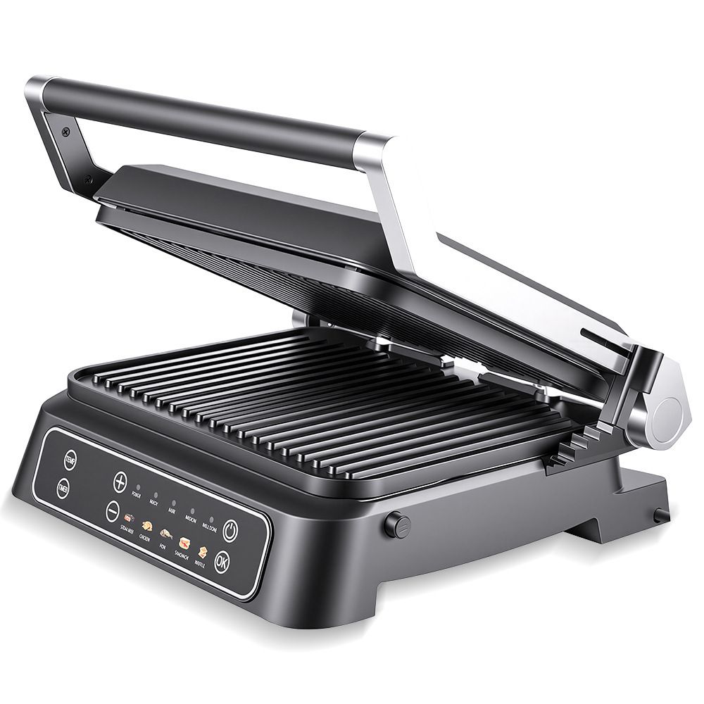 Two-in-One Electric Grill and Sandwich Maker with Interchangeable Non-Stick Plates, 180-Degree Flip-Open Design for Steaks, Paninis, Waffles, and Breakfast Favorites in Home Kitchens (Black)