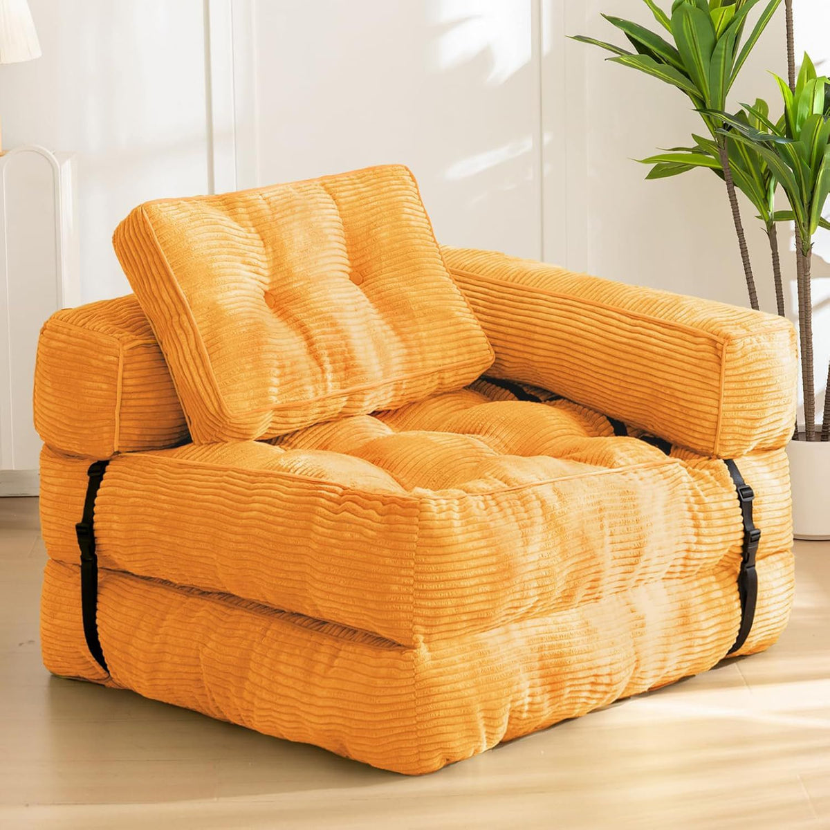 Foldable Corduroy Sofa Bed with Quilted Buttons and Pillow, Convertible Lounger for Reading, Gaming, Napping, and Relaxing at Home (Black)