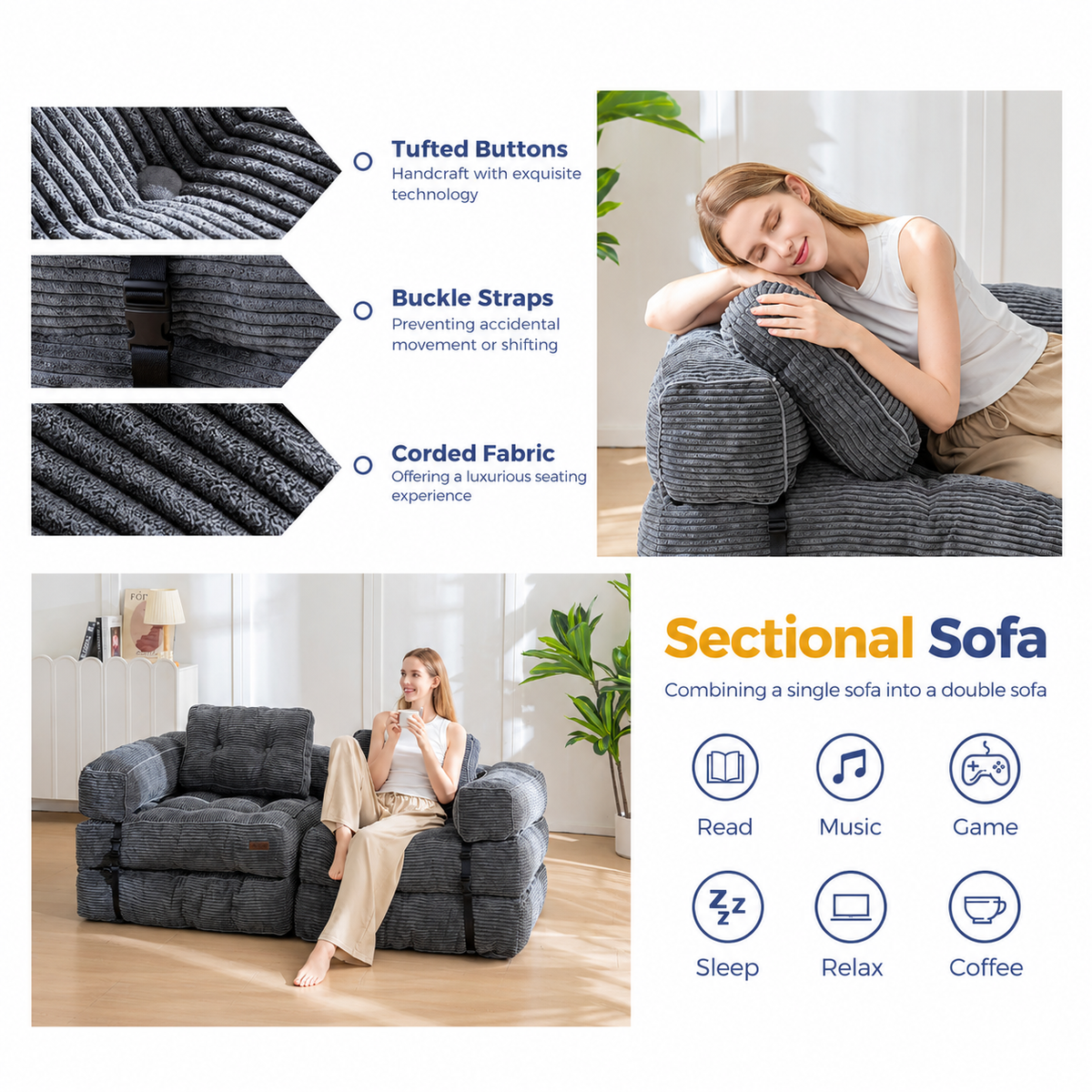 Foldable Corduroy Sofa Bed with Quilted Buttons and Pillow, Convertible Lounger for Reading, Gaming, Napping, and Relaxing at Home (Orange)