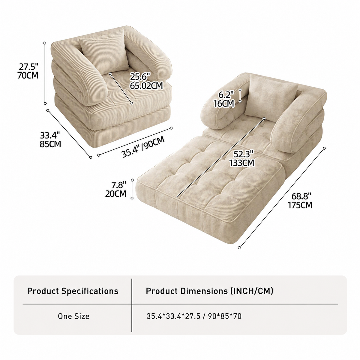 Foldable Multi-Functional Lounger Sofa with Corduroy Cover and High-Density Foam for Living Room Relaxation, Napping, and Lounging (Beige)