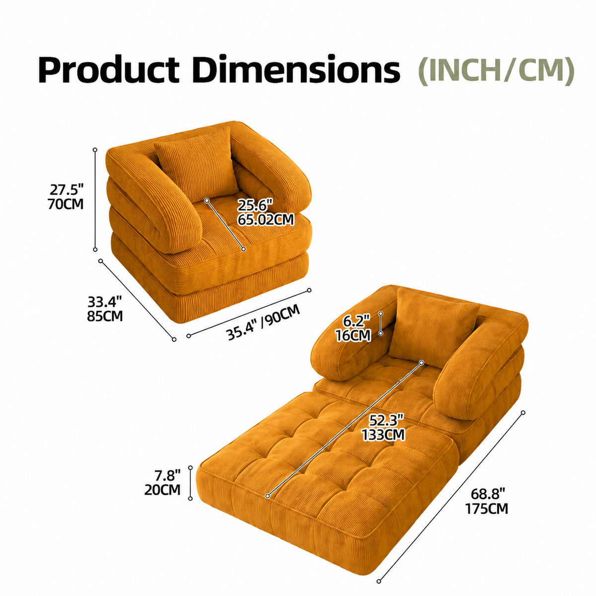 Foldable Multi-Functional Lounger Sofa with Corduroy Cover and High-Density Foam for Living Room Relaxation, Napping, and Lounging (Brown)