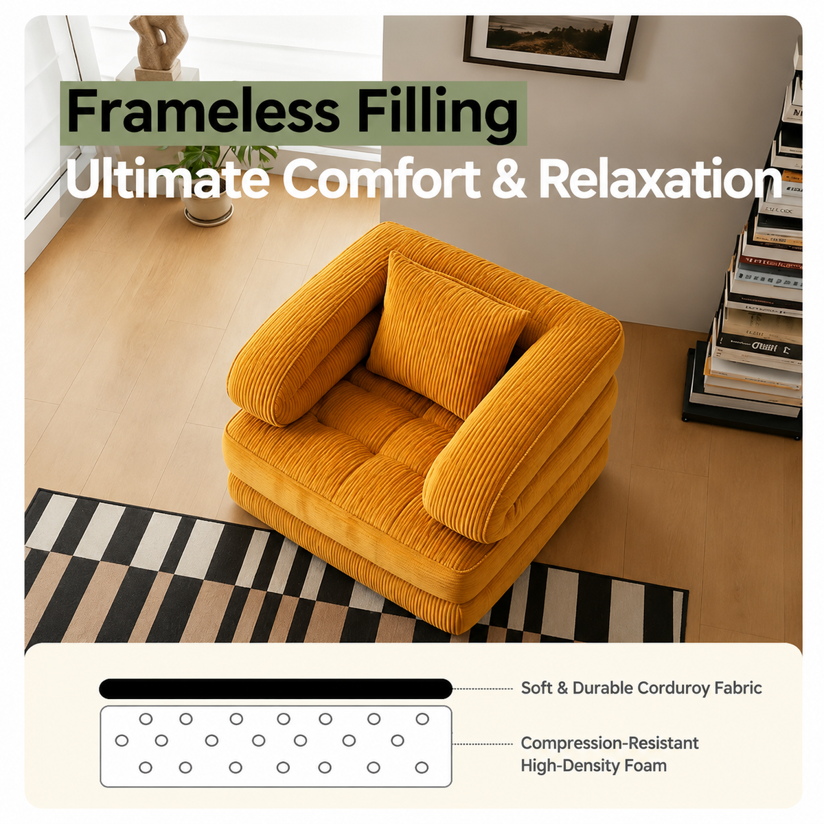 Foldable Multi-Functional Lounger Sofa with Corduroy Cover and High-Density Foam for Living Room Relaxation, Napping, and Lounging (Orange)