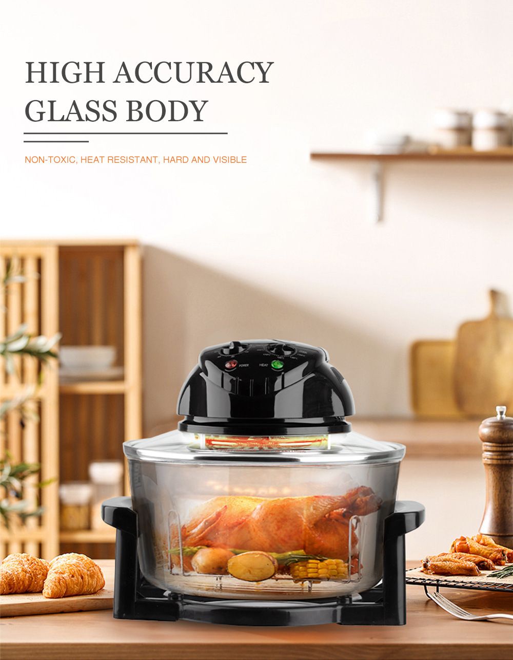 Three-in-One Visual Convection Air Fryer with 12L Large Capacity, 360° Circulating Heat, Low-Oil Cooking for Roast Chicken, Fries, Wings, Pizza and Daily Family Meals (Transparent)