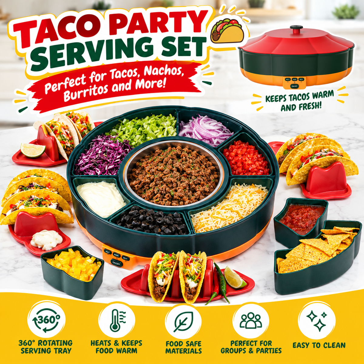 360° Rotating Taco Party Serving Set with 33oz Chocolate Fondue Warmer, Multi-Compartment Condiment Tray and Taco Holder for Family Gatherings, Game Nights and Outdoor Picnics. (Orange base, Green tray, Red lid)