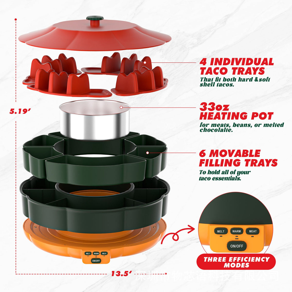 360° Rotating Taco Party Serving Set with 33oz Chocolate Fondue Warmer, Multi-Compartment Condiment Tray and Taco Holder for Family Gatherings, Game Nights and Outdoor Picnics. (Orange base, Green tray, Red lid)