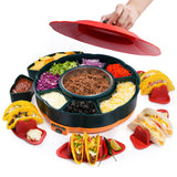 360° Rotating Taco Party Serving Set with 33oz Chocolate Fondue Warmer, Multi-Compartment Condiment Tray and Taco Holder for Family Gatherings, Game Nights and Outdoor Picnics. (Orange base, Green tray, Red lid)