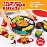 360° Rotating Taco Party Serving Set with 33oz Chocolate Fondue Warmer, Multi-Compartment Condiment Tray and Taco Holder for Family Gatherings, Game Nights and Outdoor Picnics. (Orange base, Green tray, Red lid)