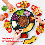 360° Rotating Taco Party Serving Set with 33oz Chocolate Fondue Warmer, Multi-Compartment Condiment Tray and Taco Holder for Family Gatherings, Game Nights and Outdoor Picnics. (Orange base, Green tray, Red lid)