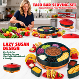 360° Rotating Taco Party Serving Set with 33oz Chocolate Fondue Warmer, Multi-Compartment Condiment Tray and Taco Holder for Family Gatherings, Game Nights and Outdoor Picnics. (Orange base, Green tray, Red lid)