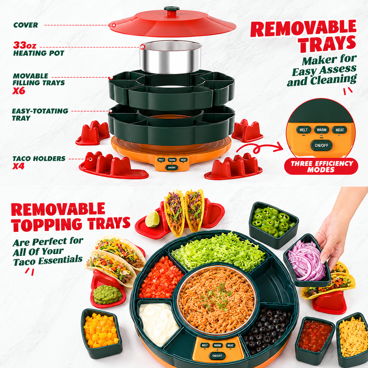 360° Rotating Taco Party Serving Set with 33oz Chocolate Fondue Warmer, Multi-Compartment Condiment Tray and Taco Holder for Family Gatherings, Game Nights and Outdoor Picnics. (Orange base, Green tray, Red lid)