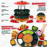 360° Rotating Taco Party Serving Set with 33oz Chocolate Fondue Warmer, Multi-Compartment Condiment Tray and Taco Holder for Family Gatherings, Game Nights and Outdoor Picnics. (Orange base, Green tray, Red lid)