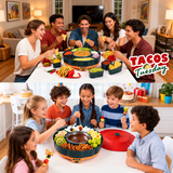 360° Rotating Taco Party Serving Set with 33oz Chocolate Fondue Warmer, Multi-Compartment Condiment Tray and Taco Holder for Family Gatherings, Game Nights and Outdoor Picnics. (Orange base, Green tray, Red lid)