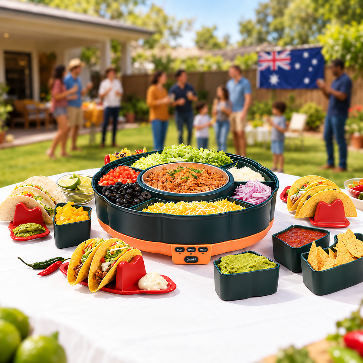 360° Rotating Taco Party Serving Set with 33oz Chocolate Fondue Warmer, Multi-Compartment Condiment Tray and Taco Holder for Family Gatherings, Game Nights and Outdoor Picnics. (Orange base, Green tray, Red lid)
