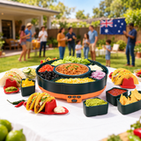 360° Rotating Taco Party Serving Set with 33oz Chocolate Fondue Warmer, Multi-Compartment Condiment Tray and Taco Holder for Family Gatherings, Game Nights and Outdoor Picnics. (Orange base, Green tray, Red lid)