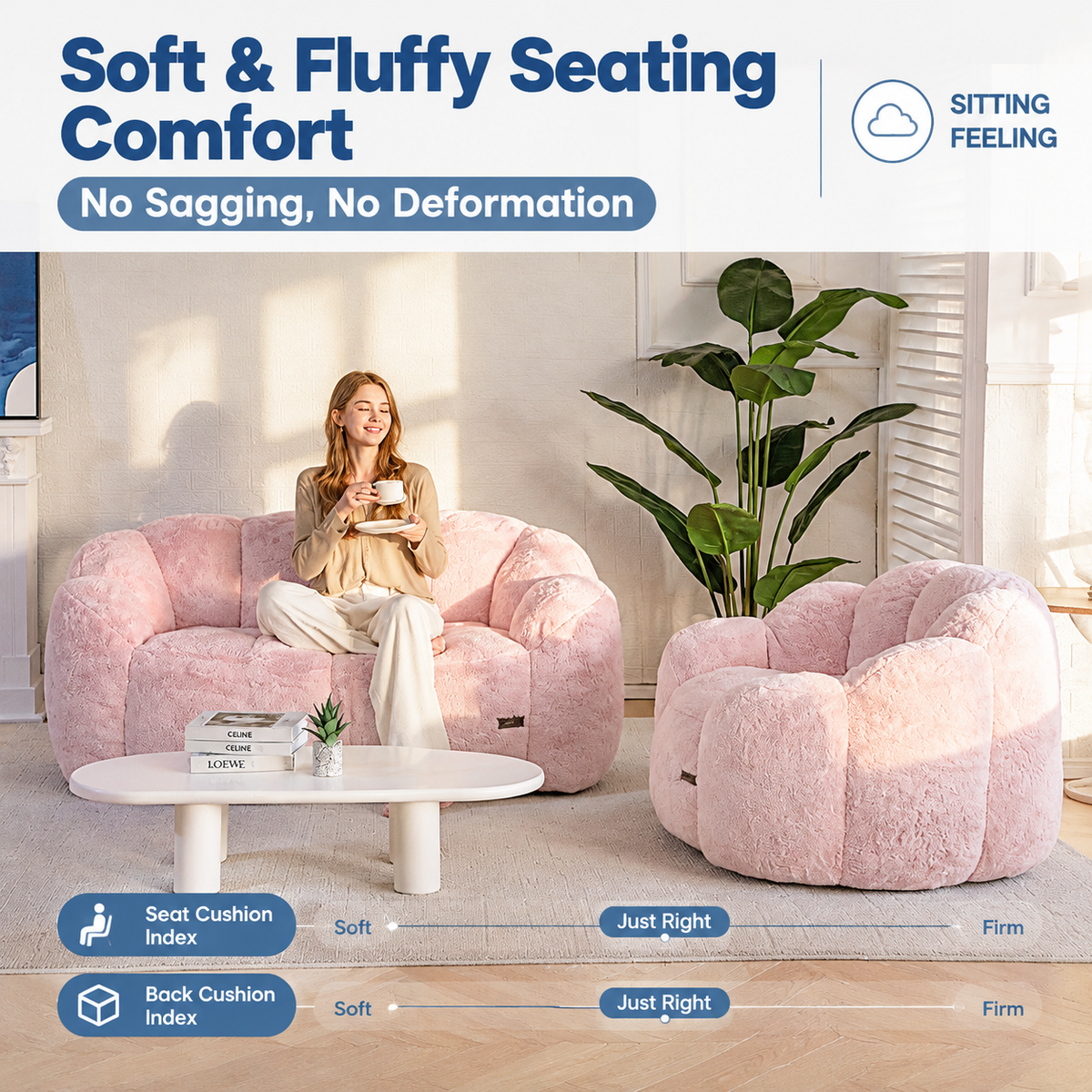 Cozy Bean Bag Sofa with Soft Corduroy Cover and High-Density Foam Filling for Living Room Bedroom Balcony Relaxation (Blush)