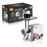 Electric Meat Grinder with Stainless Steel Blades and Metal Hopper for Home Kitchen Mincing, Sausage Stuffing and Kibbeh Making (White)
