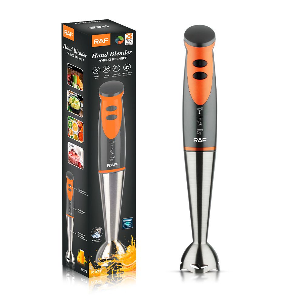 Handheld Immersion Blender with Stainless Steel Shaft and Four-Blade System for Smoothies, Baby Food, Soups, and Crushed Ice in Everyday Home Kitchens (Orange)