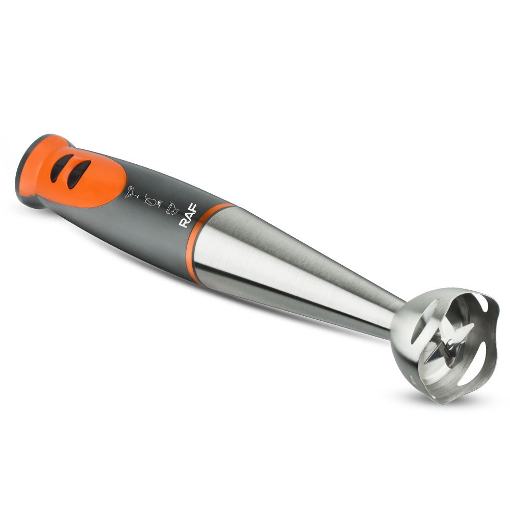 Handheld Immersion Blender with Stainless Steel Shaft and Four-Blade System for Smoothies, Baby Food, Soups, and Crushed Ice in Everyday Home Kitchens (Orange)