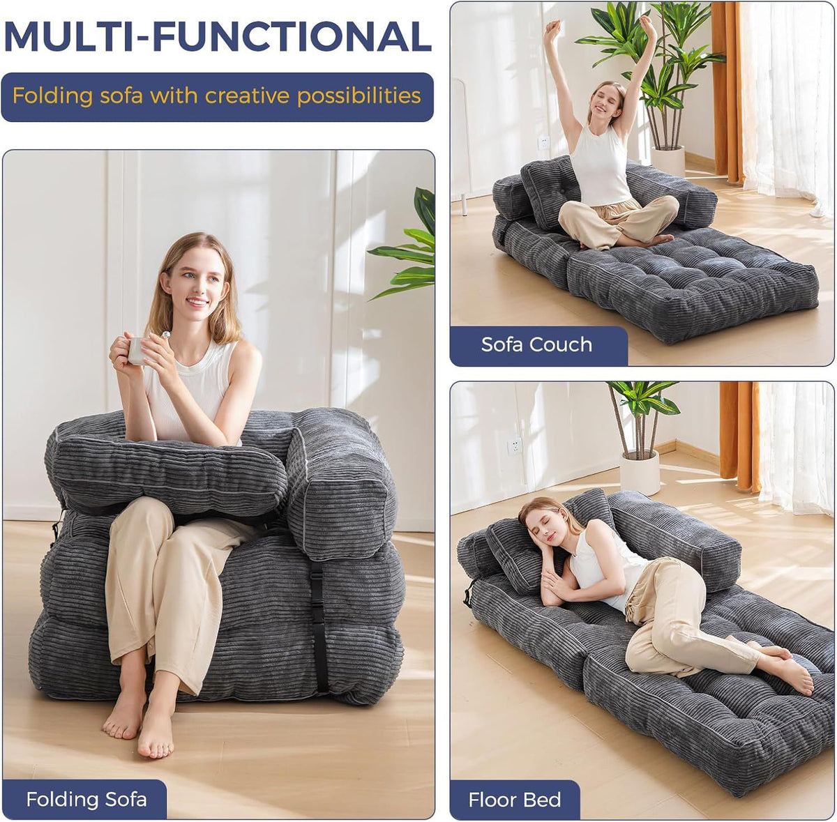 Foldable Corduroy Sofa Bed with Tufted Buttons and Side Buckle Straps, Convertible Lounger for Reading, Gaming, Napping and Relaxing in Living Rooms (Beige)