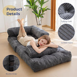Foldable Corduroy Sofa Bed with Tufted Buttons and Side Buckle Straps, Convertible Lounger for Reading, Gaming, Napping and Relaxing in Living Rooms (Grey)