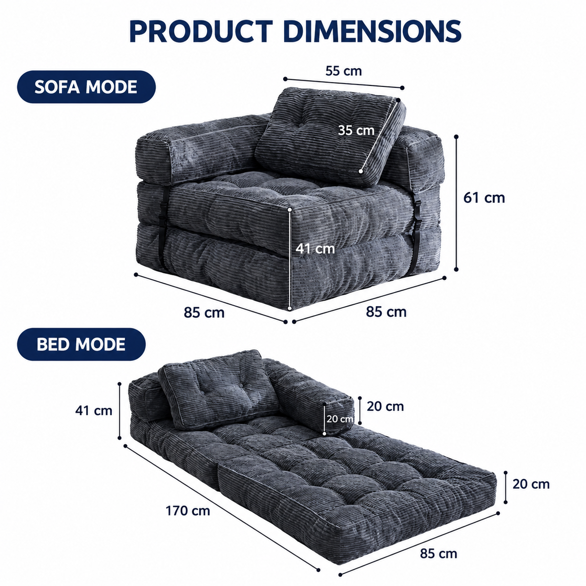 Foldable Corduroy Sofa Bed with Tufted Buttons and Side Buckle Straps, Convertible Lounger for Reading, Gaming, Napping and Relaxing in Living Rooms (Grey)