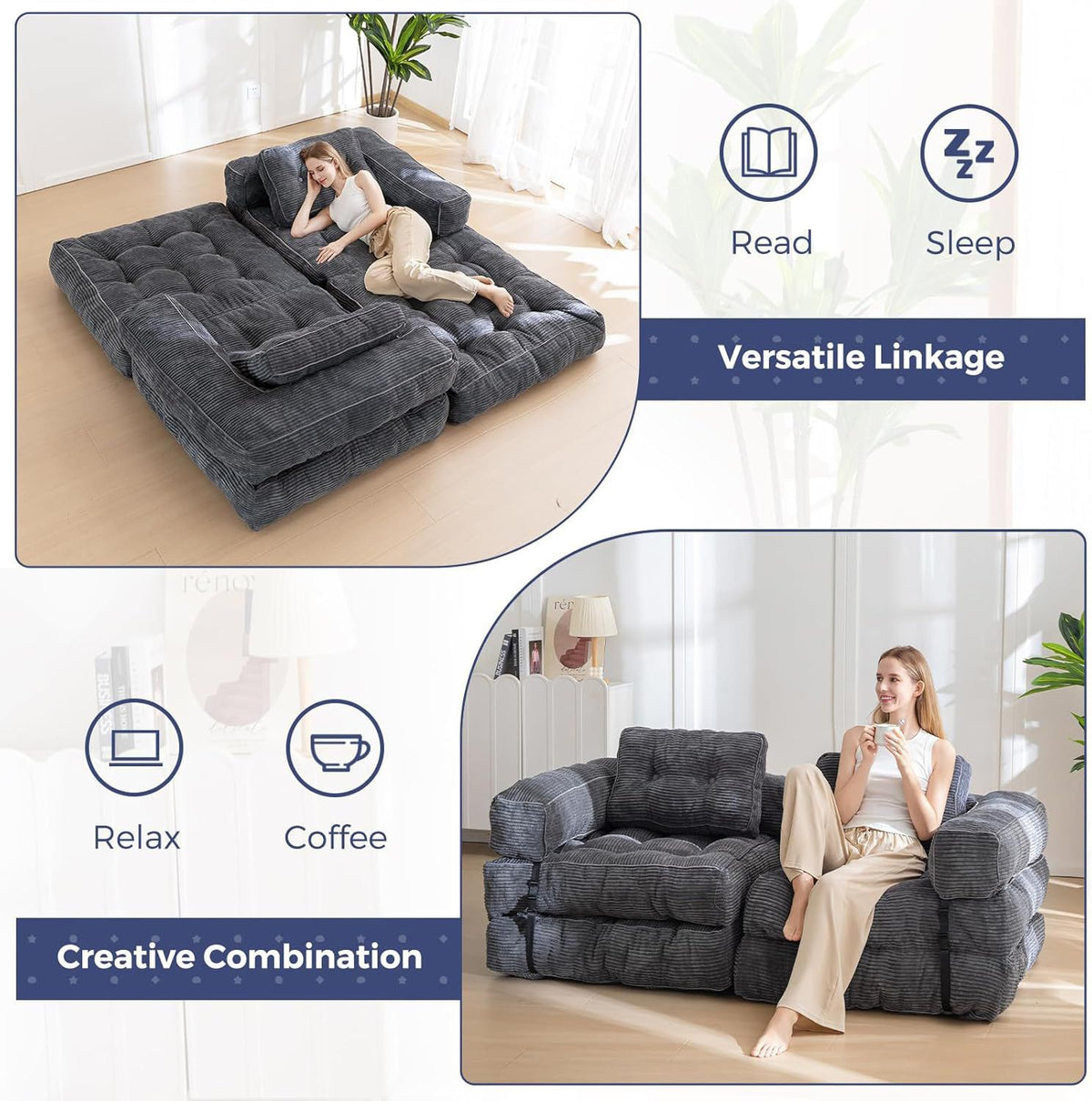 Foldable Corduroy Sofa Bed with Tufted Buttons and Side Buckle Straps, Convertible Lounger for Reading, Gaming, Napping and Relaxing in Living Rooms (Grey)