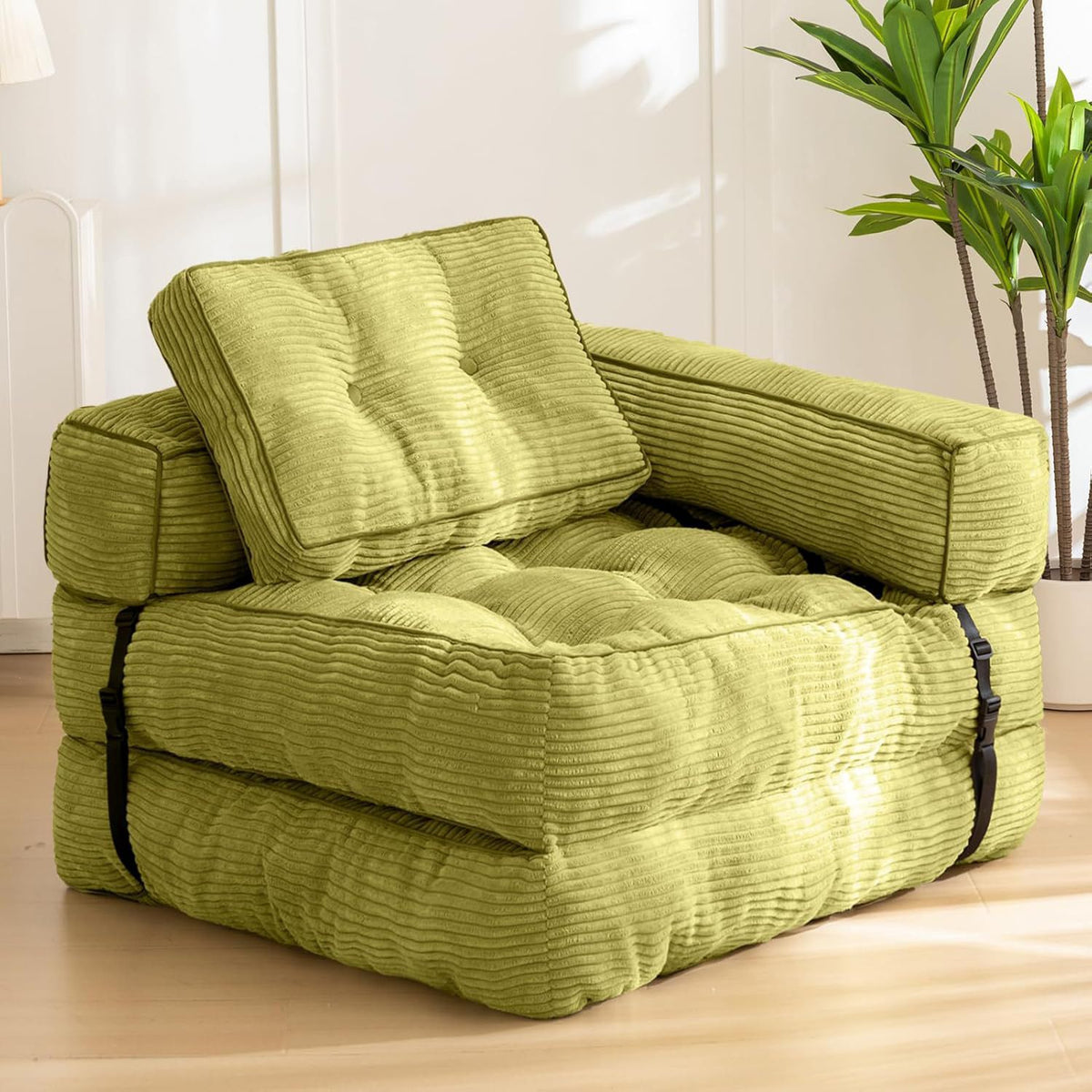 Foldable Corduroy Sofa Bed with Tufted Buttons and Side Buckle Straps, Convertible Lounger for Reading, Gaming, Napping and Relaxing in Living Rooms (Grey)
