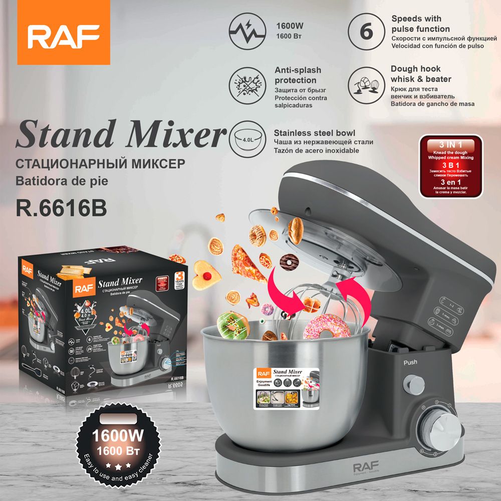 Versatile Stand Mixer with 4.0L Stainless Steel Bowl and 1600W Motor for Home Baking, Dough Kneading, Whipping, and Mixing Tasks (Grey)