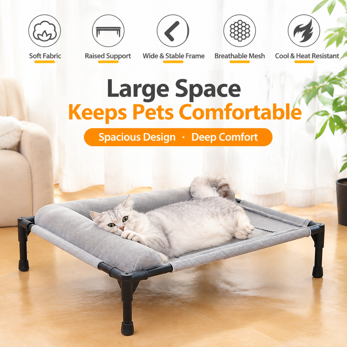 Elevated Pet Cot with Bolster Cushion for Cats and Small Dogs, Breathable Mesh Bed for Indoor Living Room and Bedroom Comfort (Dark Orange)