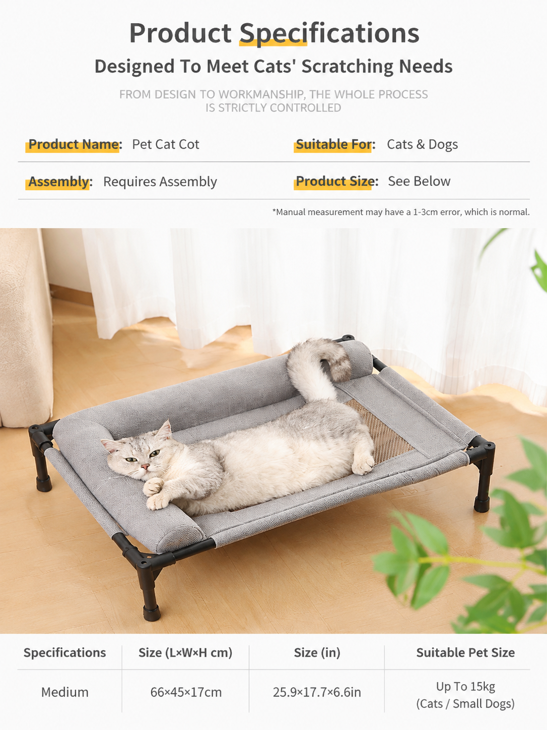 Elevated Pet Cot with Bolster Cushion for Cats and Small Dogs, Breathable Mesh Bed for Indoor Living Room and Bedroom Comfort (Light Orange)