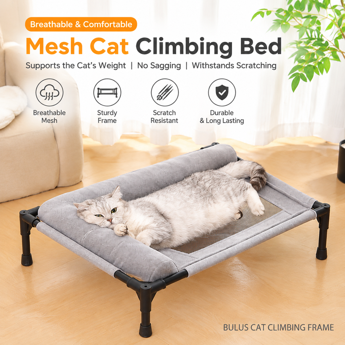 Elevated Pet Cot with Bolster Cushion for Cats and Small Dogs, Breathable Mesh Bed for Indoor Living Room and Bedroom Comfort (Navy)