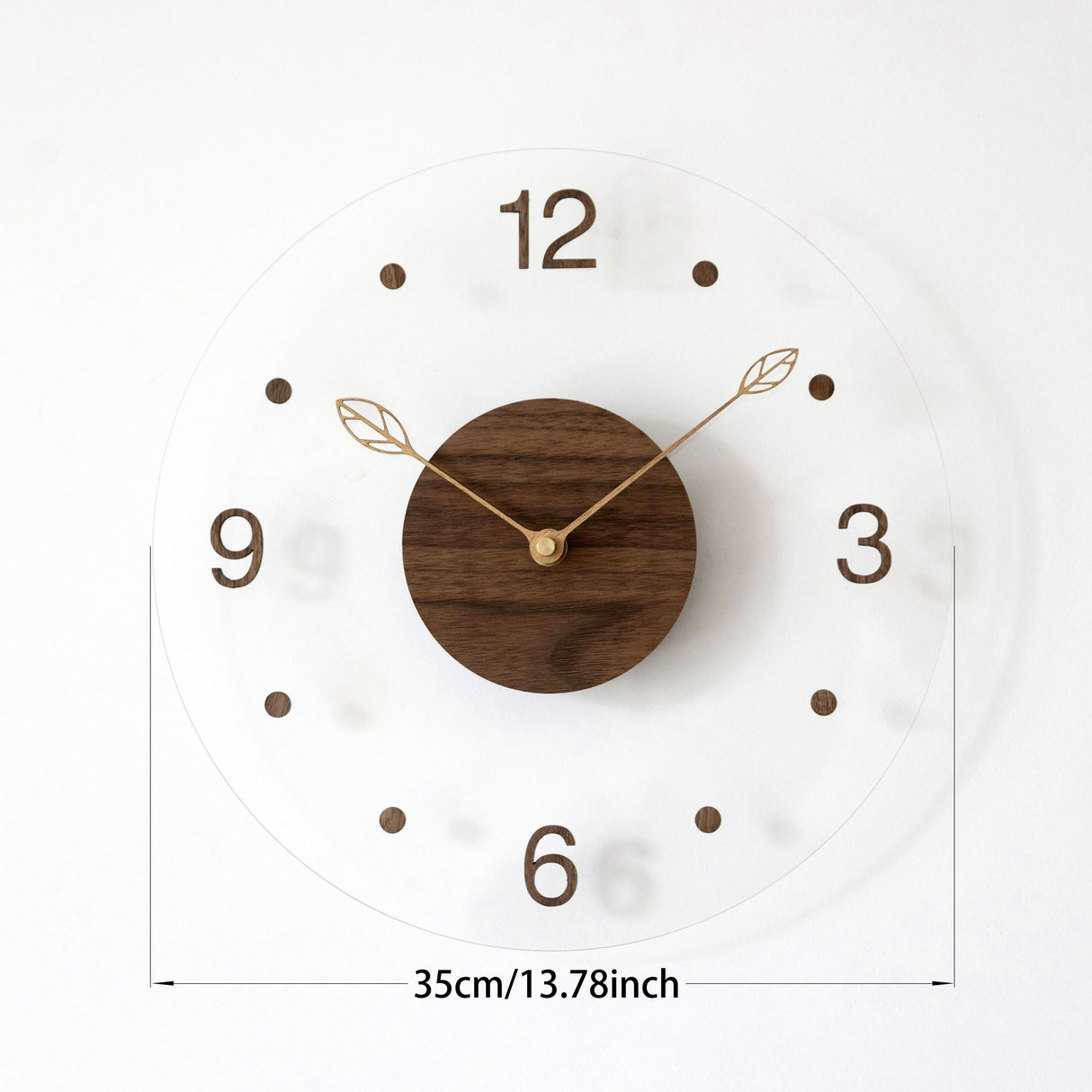 Brown Black Modern Wall Clock Transparent Clock Wooden Centre Clock Leaf Hands Clock