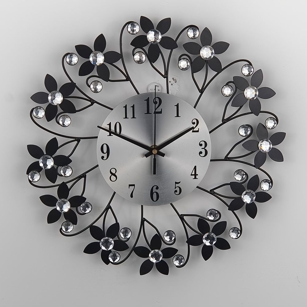 Black Blue Floral Wall Clock Crystal Wall Clock Silent Wall Clock Home Decor Clock Elegant