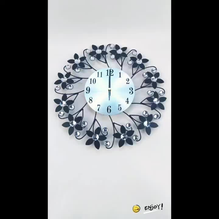 Black Blue Floral Wall Clock Crystal Wall Clock Silent Wall Clock Home Decor Clock Elegant