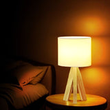Beige tripod table lamp, bedside lamp, desk lamp, home lighting, wooden lamp, fabric shade lamp, contemporary lamp, Australia