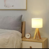 Beige tripod table lamp, bedside lamp, desk lamp, home lighting, wooden lamp, fabric shade lamp, contemporary lamp, Australia