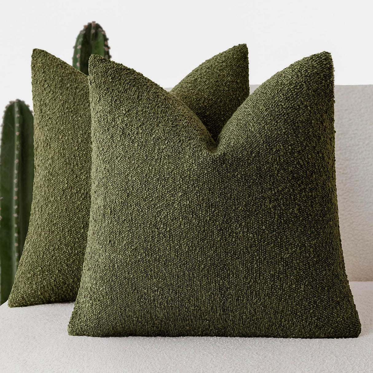 Pack of 2 Modern Textured Boucle Throw Pillow Covers Accent Solid Decorative Pillow Cases Cozy Woven Couch Cushion Case for Chair Sofa Bedroom Living Room Home Decor 16*16 Inch Moss Green